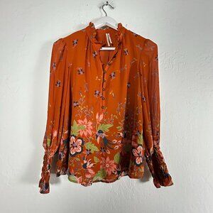 Anthropologie Women Orange Floral Chiffon Blouse Long Sleeve Ruffle Collar Small